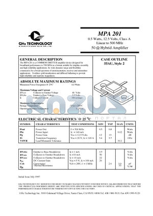MPA201 datasheet - 0.5 Watts, 12.5 Volts, Class A Linear to 500 MHz 50 ohm Hybrid Amplifier