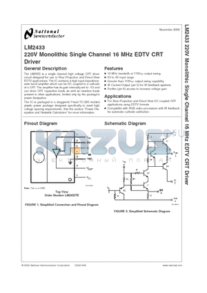 LM2433 datasheet - 220V Monolithic Single Channel 16 MHz EDTV CRT Driver