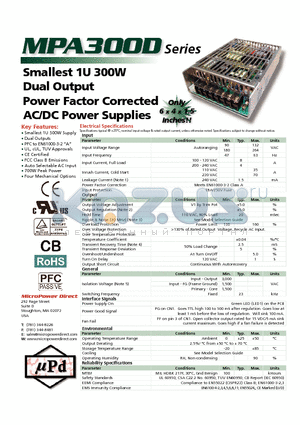 MPA300D datasheet - Smallest 1U 300W Dual Output Power Factor Corrected AC/DC Power Supplies