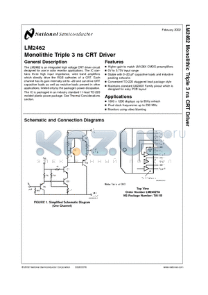 LM2462 datasheet - Monolithic Triple 3 ns CRT Driver