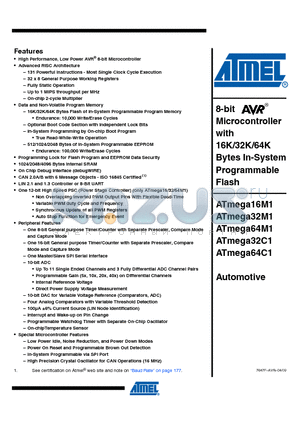 MEGA64M1-15AZ datasheet - 8-bit Microcontroller with 16K/32K/64K Bytes In-System Programmable Flash