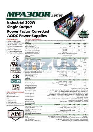 MPA300RX-18Z datasheet - Industrial 300W Single Output Power Factor Corrected AC/DC Power Supplies