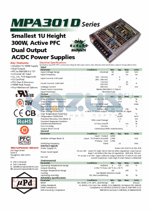 MPA301D datasheet - Smallest 1U Height 300W, Active PFC Dual Output AC/DC Power Supplies