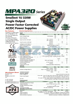 MPA320 datasheet - Smallest 1U 320W Single Output Power Factor Corrected AC/DC Power Supplies