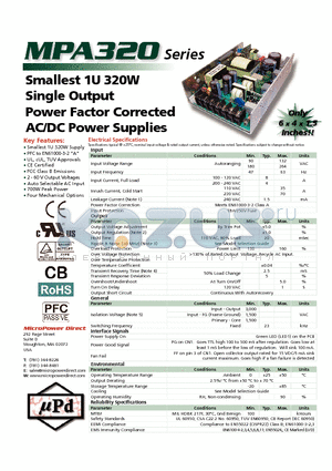 MPA320X-28Z datasheet - Smallest 1U 320W Single Output Power Factor Corrected AC/DC Power Supplies