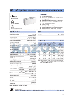 HF118F/005-1DS2XXX datasheet - MINIATURE HIGH POWER RELAY