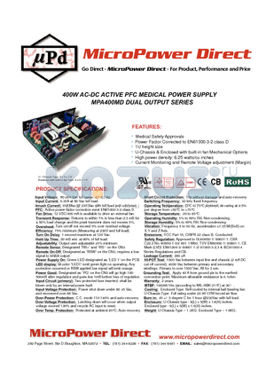 MPA400MDX-0312Z datasheet - 400W AC-DC ACTIVE PFC MEDICAL POWER SUPPLY