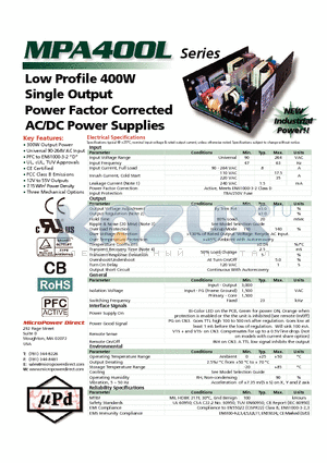 MPA400L datasheet - Low Profi le 400W Single Output Power Factor Corrected AC/DC Power Supplies