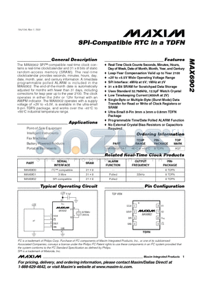 MAX6902ETA-T datasheet - SPI-Compatible RTC in a TDFN