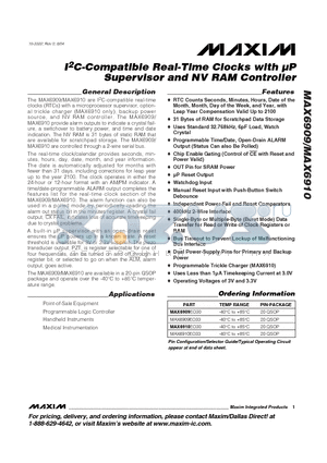 MAX6909 datasheet - I2C-Compatible Real-Time Clocks with uP Supervisor and NV RAM Controller