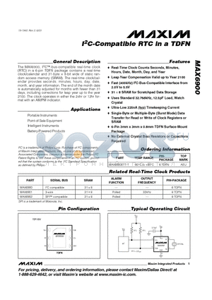 MAX6901 datasheet - I2C-Compatible RTC in a TDFN