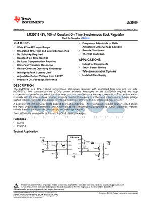LM25019MRX/NOPB datasheet - 48V, 100mA Constant On-Time Synchronous Buck Regulator