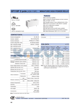 HF118F/005-2D4GXXX datasheet - MINIATURE HIGH POWER RELAY