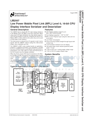 LM2507GR datasheet - Low Power Mobile Pixel Link (MPL) Level 0, 16-bit CPU Display interface Serializer and Deserializer