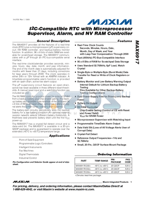 MAX6917EO33 datasheet - I2C-Compatible RTC with Microprocessor Supervisor, Alarm, and NV RAM Controller
