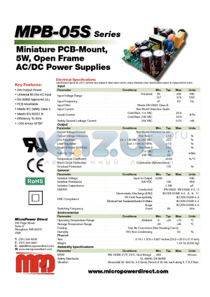 MPB-05S-18 datasheet - Miniature PCB-Mount, 5W, Open Frame AC/DC Power Supplies