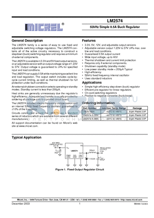 LM2574-3.3BN datasheet - 52KHZ SIMPLE 0.5A BUCK REGULATOR