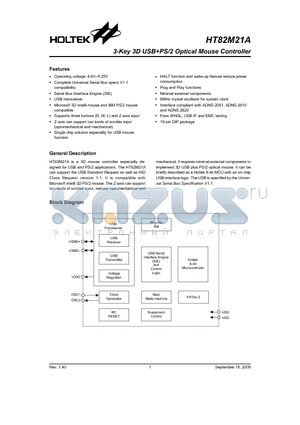 HT82M21A_05 datasheet - 3-Key 3D USBPS/2 Optical Mouse Controller