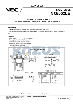 NX8562LB datasheet - 1 550 nm CW LIGHT SOURCE InGaAsP STRAINED MQW-DFB LASER DIODE MODULE