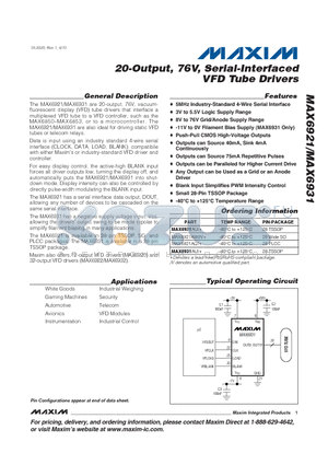 MAX6921AUI datasheet - 20-Output, 76V, Serial-Interfaced VFD Tube Drivers