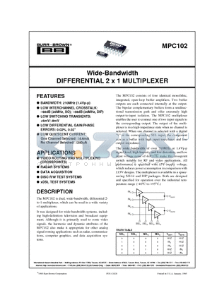 MPC102 datasheet - Wide-Bandwidth DIFFERENTIAL 2 x 1 MULTIPLEXER