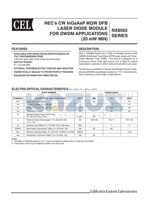 NX8562LB630-BA datasheet - NECs CW InGaAsP MQW DFB LASER DIODE MODULE FOR DWDM APPLICATION (20 mW MIN)