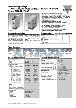 PUA01CB23500V datasheet - Monitoring Relays 1-Phase AC/DC Over Voltage - AC Over Current