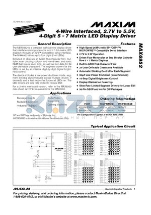 MAX6952EAX datasheet - 4-Wire Interfaced, 2.7V to 5.5V, 4-Digit 5 .7 Matrix LED Display Driver