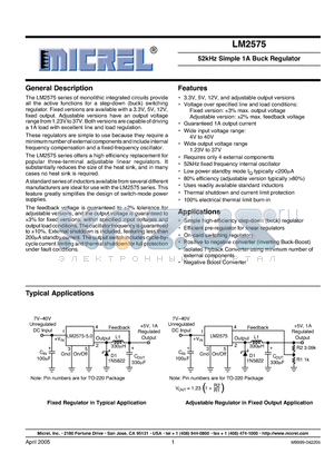 LM2575-12BU datasheet - 52kHz Simple 1A Buck Regulator