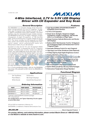 MAX6954AAX datasheet - 4-Wire Interfaced, 2.7V to 5.5V LED Display Driver with I/O Expander and Key Scan