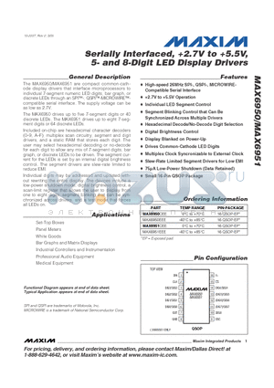 MAX6951EEE datasheet - Serially Interfaced, 2.7V to 5.5V, 5- and 8-Digit LED Display Drivers