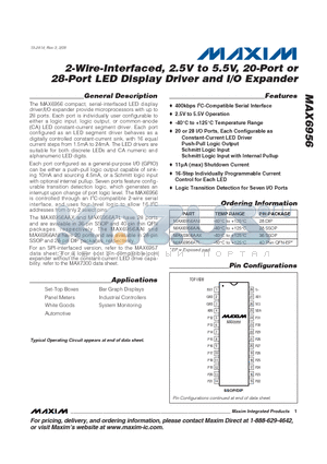 MAX6956ANI datasheet - 2-Wire-Interfaced, 2.5V to 5.5V, 20-Port or 28-Port LED Display Driver and I/O Expander