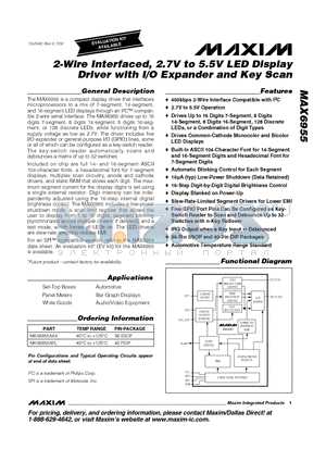 MAX6955AAX datasheet - 2-Wire Interfaced, 2.7V to 5.5V LED Display Driver with I/O Expander and Key Scan
