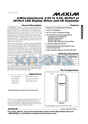 MAX6956AAI datasheet - 2-Wire-Interfaced, 2.5V to 5.5V, 20-Port or 28-Port LED Display Driver and I/O Expander
