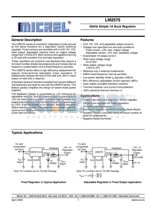 LM2575-5.0BU datasheet - 52kHz Simple 1A Buck Regulator