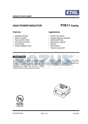 P7611-1R0MT datasheet - HIGH POWER INDUCTOR