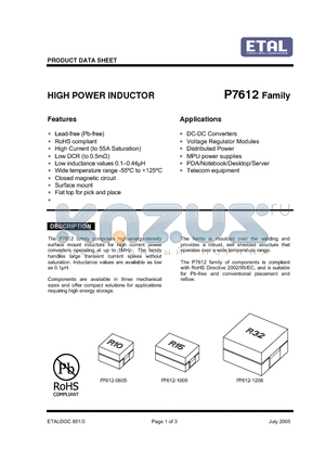P7612-0605-R20Y datasheet - HIGH POWER INDUCTOR