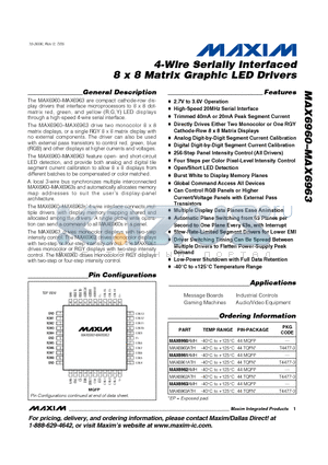 MAX6960 datasheet - 4-Wire Serially Interfaced 8 x 8 Matrix Graphic LED Drivers