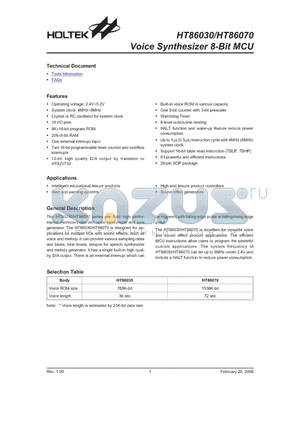 HT86070 datasheet - Voice Synthesizer 8-Bit MCU