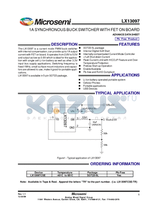 LX13097CSE datasheet - 1A SYNCHRONOUS BUCK SWITCHER WITH FET ON BOARD