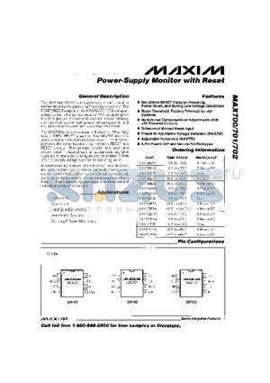 MAX701CPA datasheet - Power-Supply Monitor with Reset