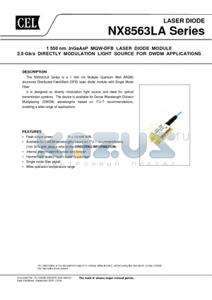 NX8563LAS614-CC datasheet - 1 550 nm InGaAsP MQW-DFB LASER DIODE MODULE 2.5 Gb/s DIRECTLY MODULATION LIGHT SOURCE FOR DWDM APPLICATIONS