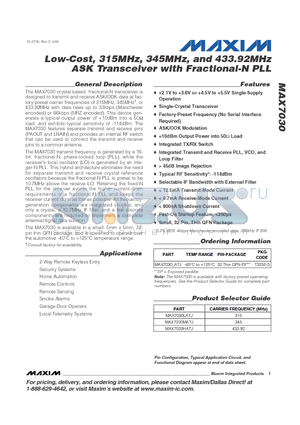 MAX7030-ATJ datasheet - Low-Cost, 315MHz, 345MHz, and 433.92MHz ASK Transceiver with Fractional-N PLL
