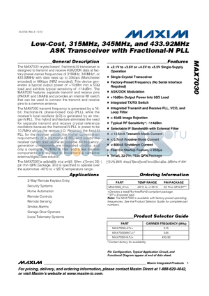 MAX7030 datasheet - Low-Cost, 315MHz, 345MHz, and 433.92MHz ASK Transceiver with Fractional-N PLL