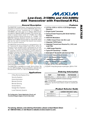 MAX7030HATJ+ datasheet - Low-Cost, 315MHz and 433.92MHz ASK Transceiver with Fractional-N PLL