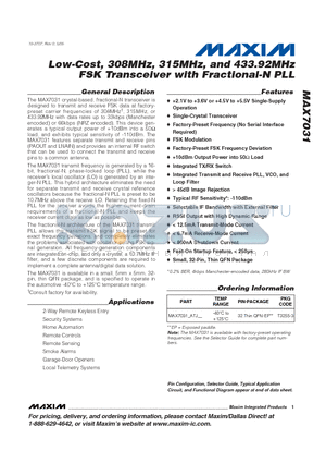 MAX7031ATJ datasheet - Low-Cost, 308MHz, 315MHz, and 433.92MHz FSK Transceiver with Fractional-N PLL