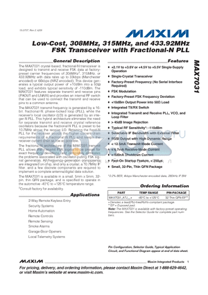 MAX7031_ATJ+ datasheet - Low-Cost, 308MHz, 315MHz, and 433.92MHz FSK Transceiver with Fractional-N PLL