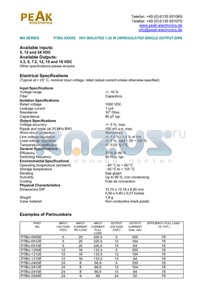 P7BU-0512E datasheet - 1KV ISOLATED 1.25 W UNREGULATED SINGLE OUTPUT DIP8