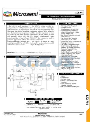 LX1701 datasheet - 2W Filterless Mono Class-D Audio Amplifier