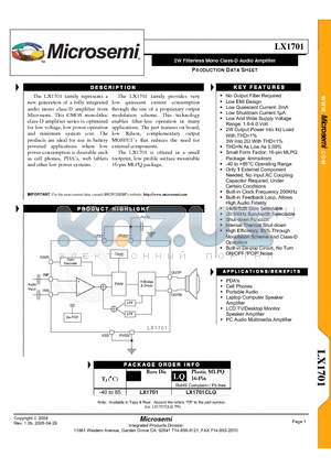 LX1701 datasheet - 2W Filterless Mono Class-D Audio Amplifier